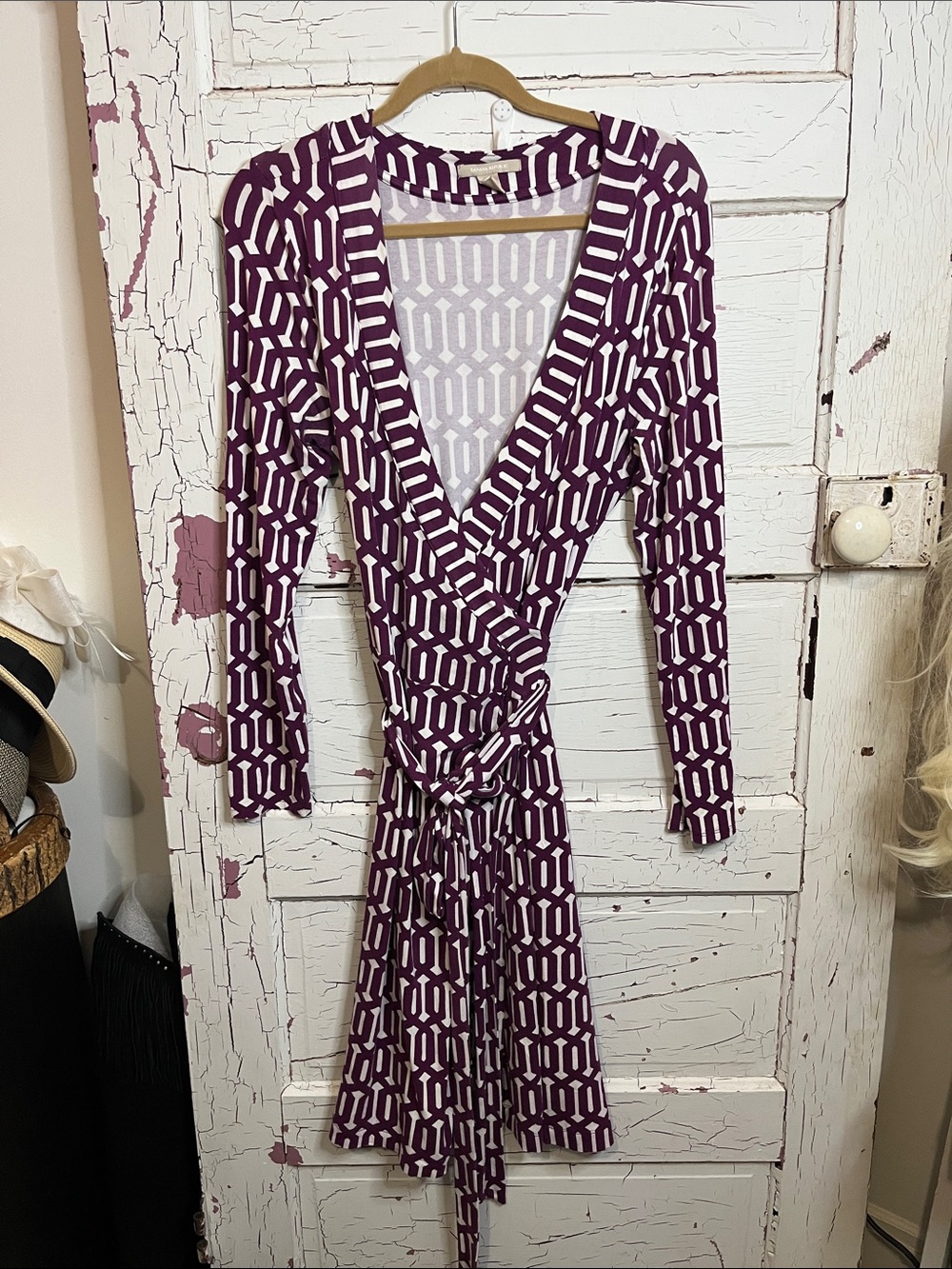 Banana Republic Plum Geometric Wrap Dress Belted Sz Lg Viscose Spandex Elastane